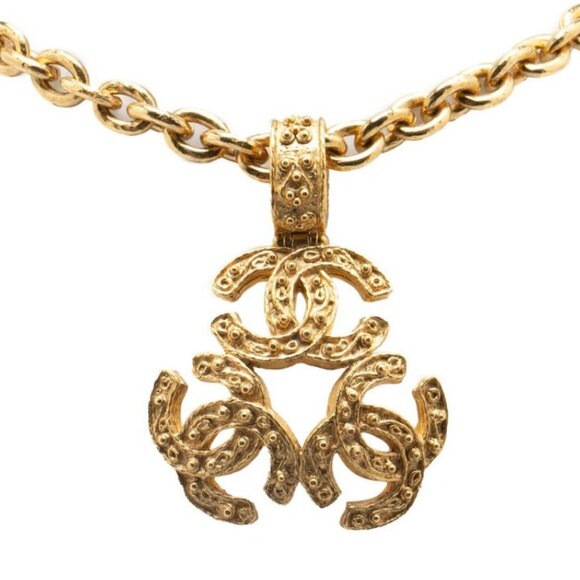 CHANEL Triple CC Logos Necklace 35" Gold Tone 94A Auth w/Box #9181 - Picture 1 of 6